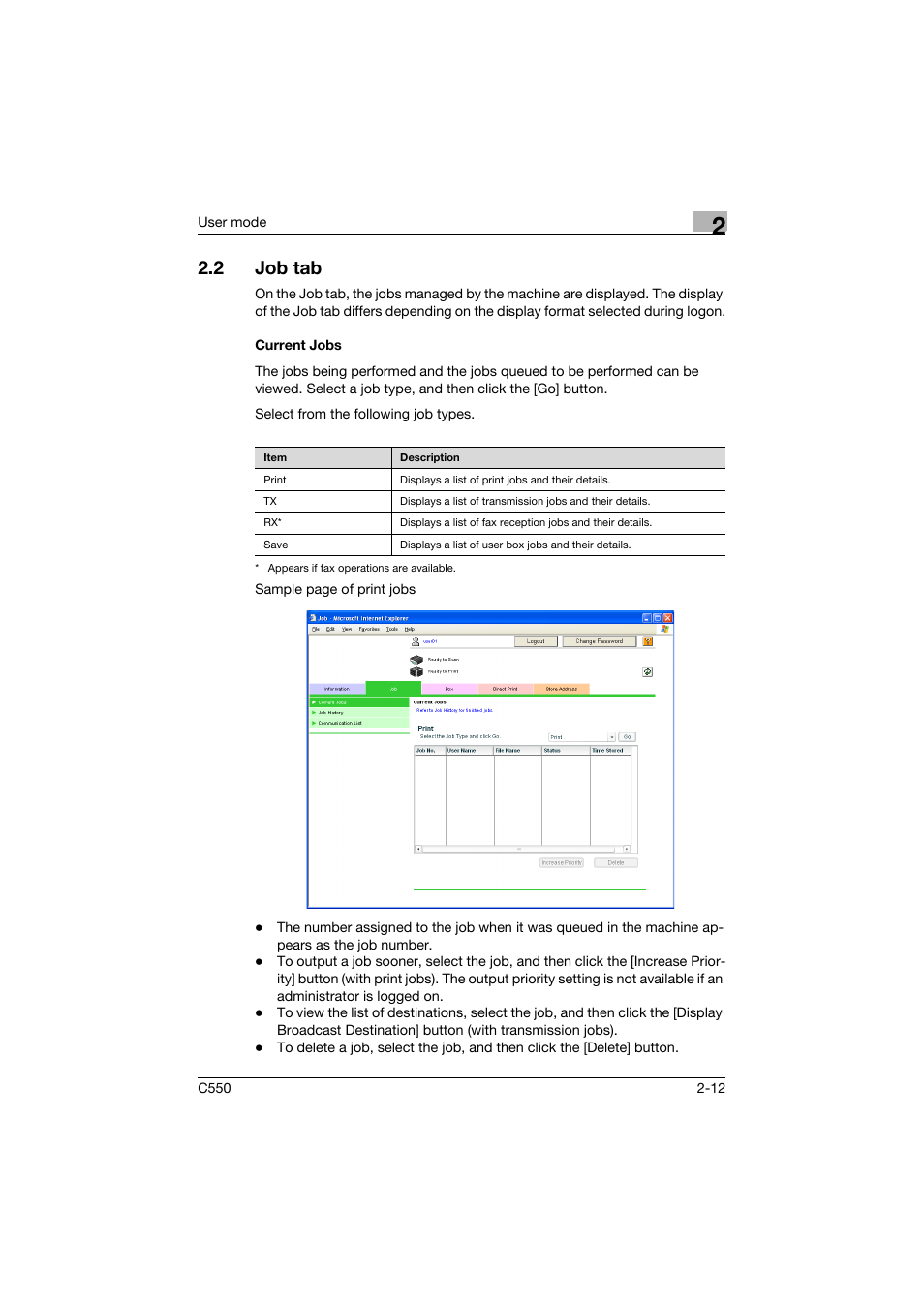 2 job tab, Current jobs, Job tab -12 | Current jobs -12 | Konica Minolta bizhub C550 User Manual | Page 47 / 243