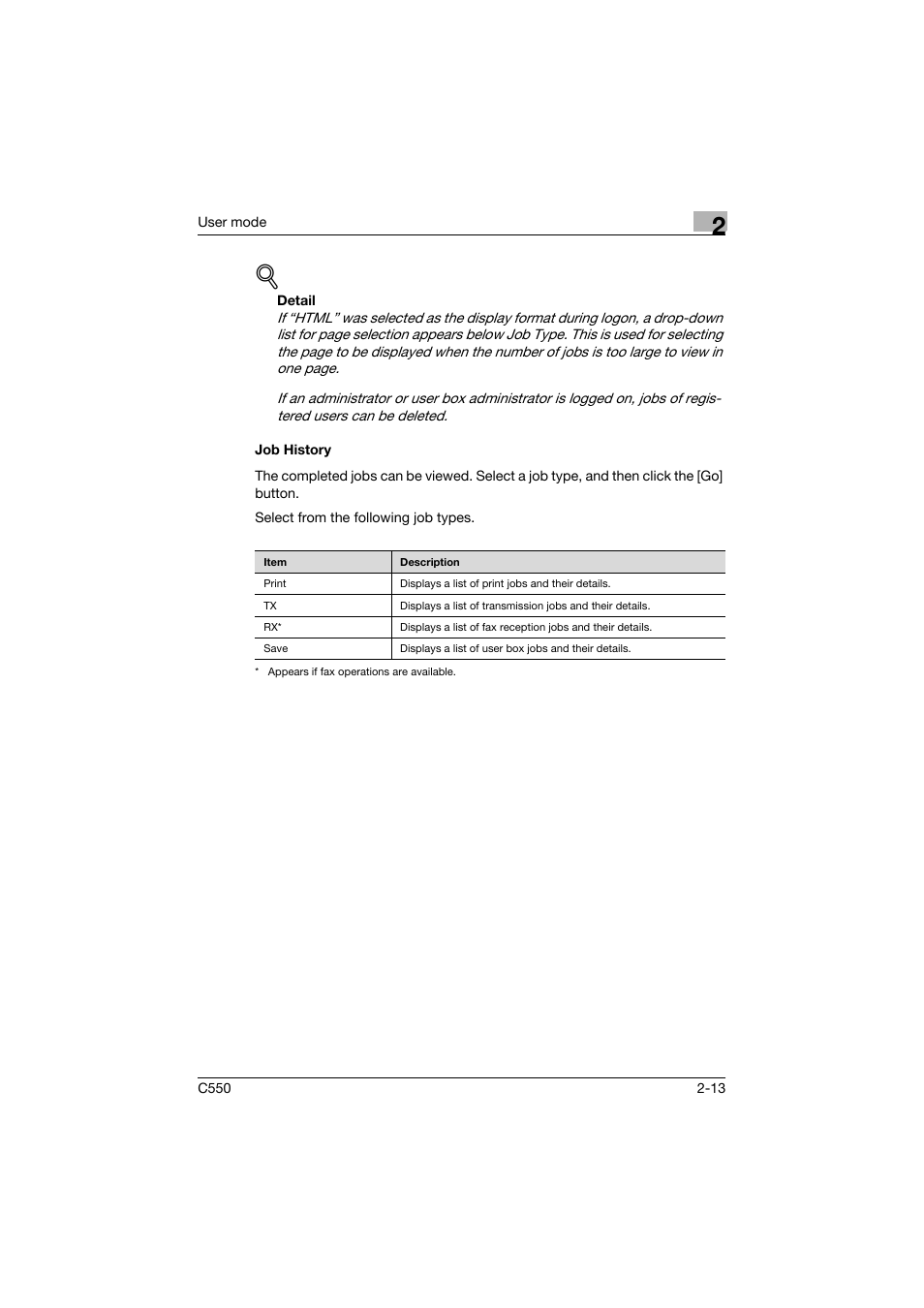 Job history, Job history -13 | Konica Minolta bizhub C550 User Manual | Page 48 / 243