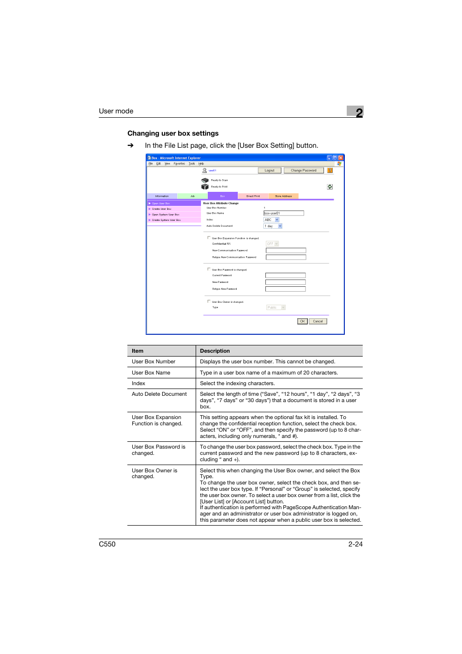 Changing user box settings, Changing user box settings -24 | Konica Minolta bizhub C550 User Manual | Page 59 / 243