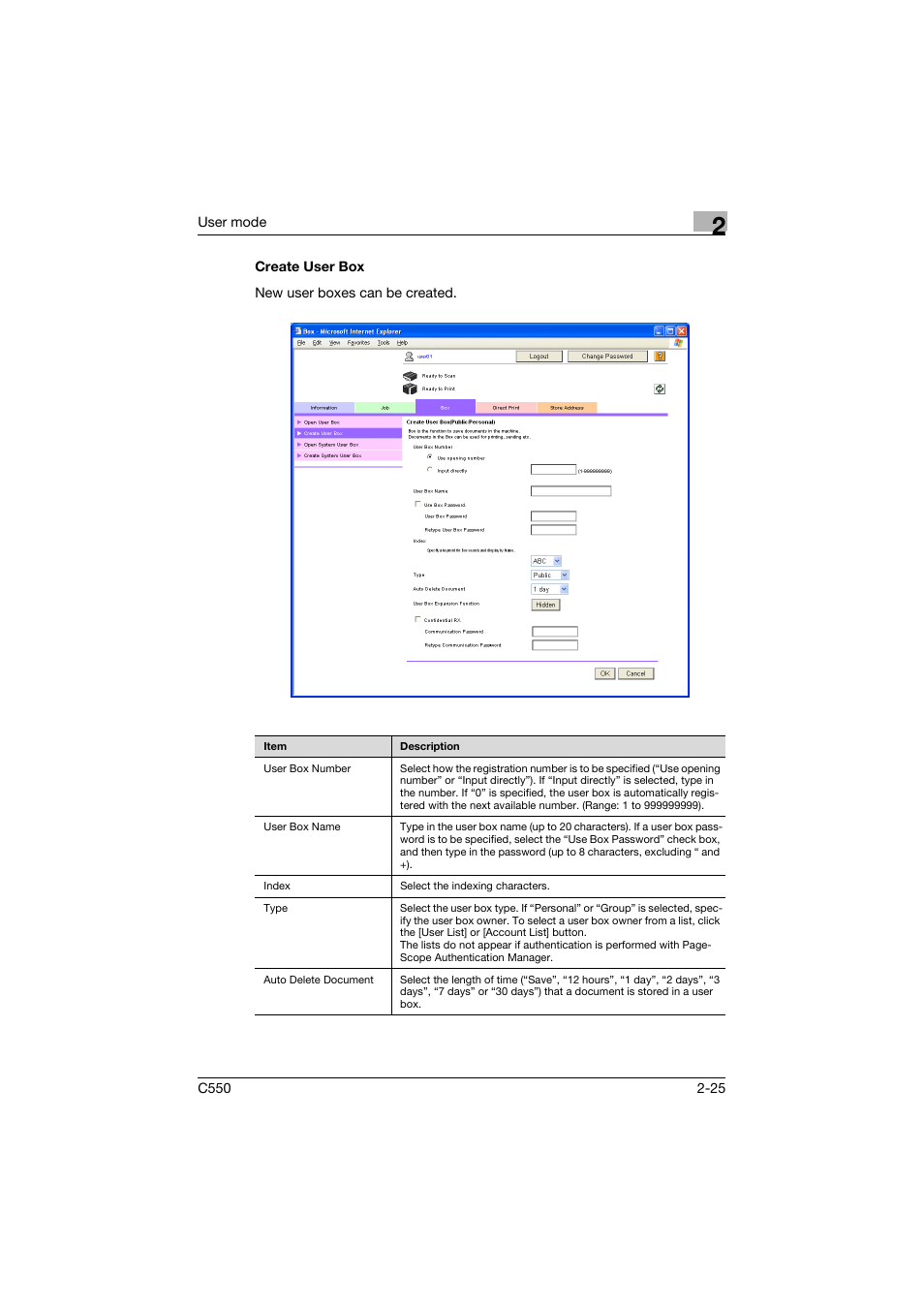 Create user box, Create user box -25 | Konica Minolta bizhub C550 User Manual | Page 60 / 243