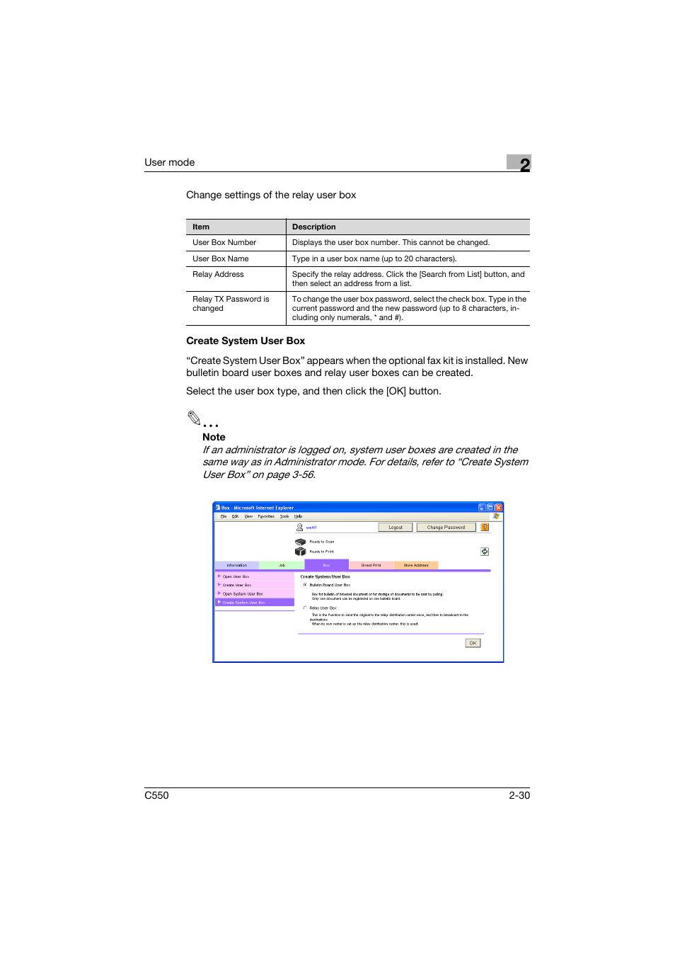 Create system user box, Create system user box -30 | Konica Minolta bizhub C550 User Manual | Page 65 / 243