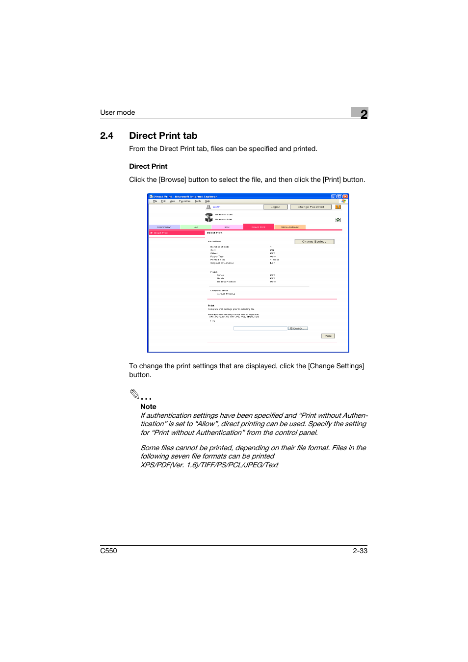 4 direct print tab, Direct print, Direct print tab -33 | Direct print -33 | Konica Minolta bizhub C550 User Manual | Page 68 / 243