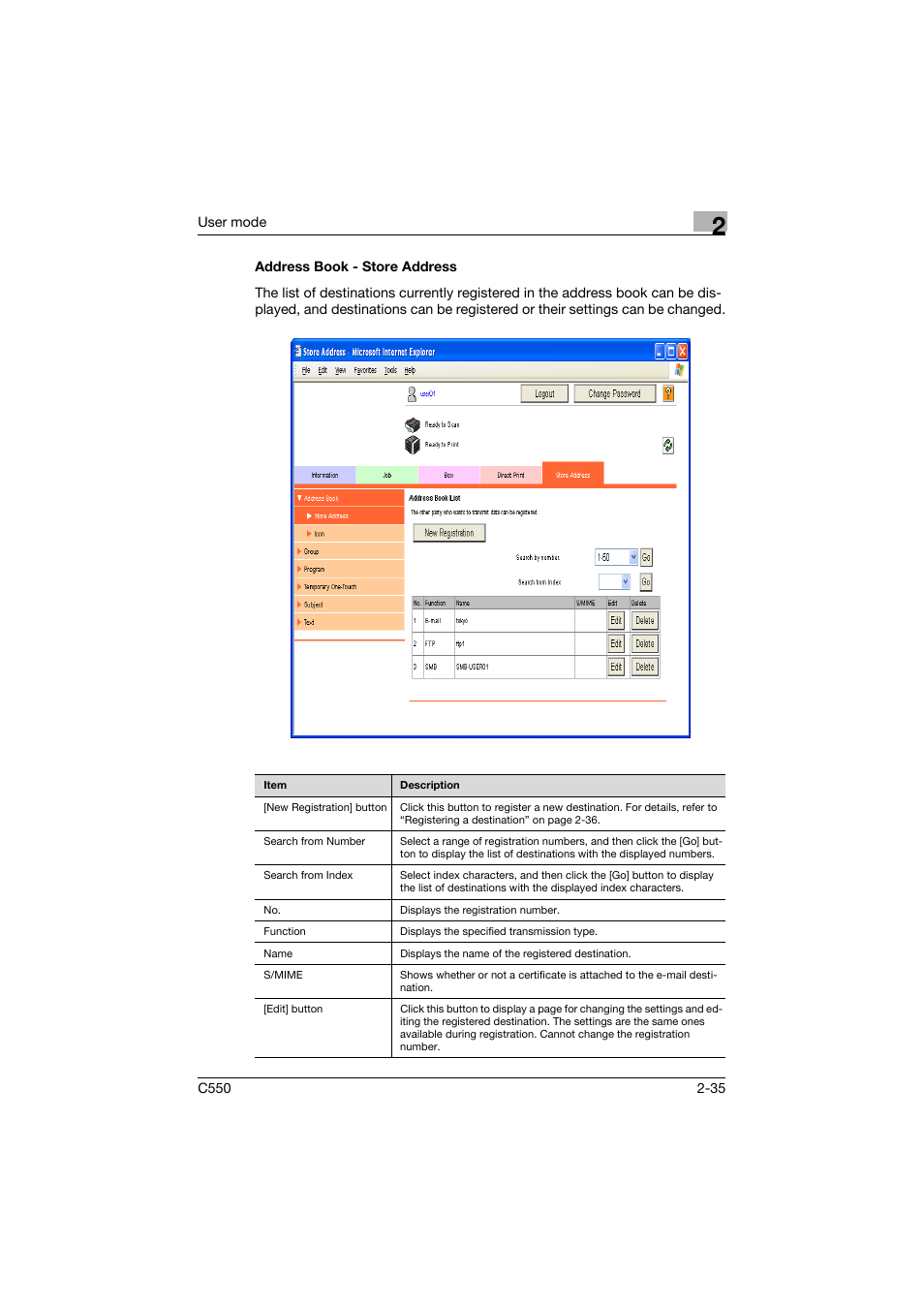 Address book - store address, Address book - store address -35 | Konica Minolta bizhub C550 User Manual | Page 70 / 243