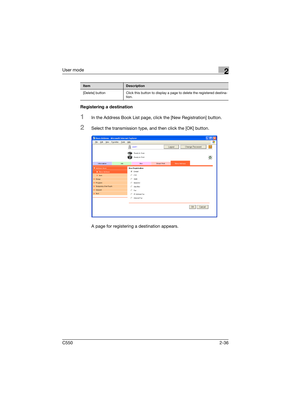 Registering a destination, Registering a destination -36 | Konica Minolta bizhub C550 User Manual | Page 71 / 243