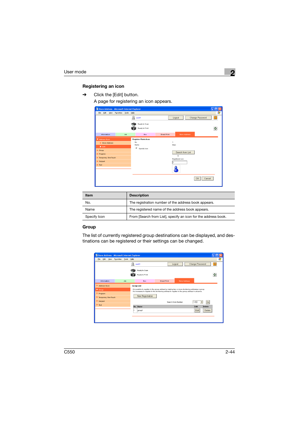 Registering an icon, Group, Registering an icon -44 group -44 | Konica Minolta bizhub C550 User Manual | Page 79 / 243