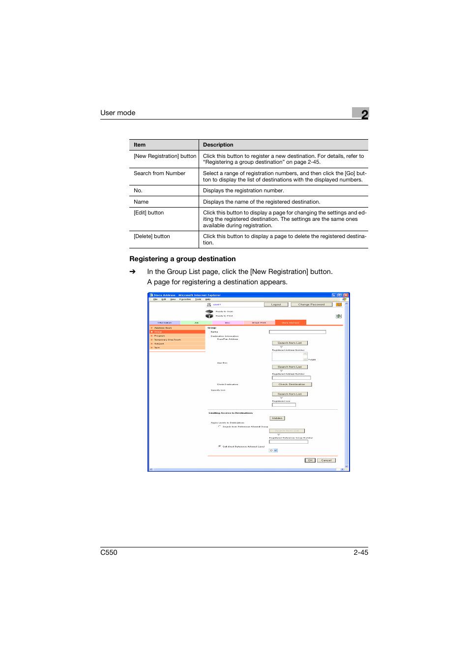 Registering a group destination, Registering a group destination -45 | Konica Minolta bizhub C550 User Manual | Page 80 / 243