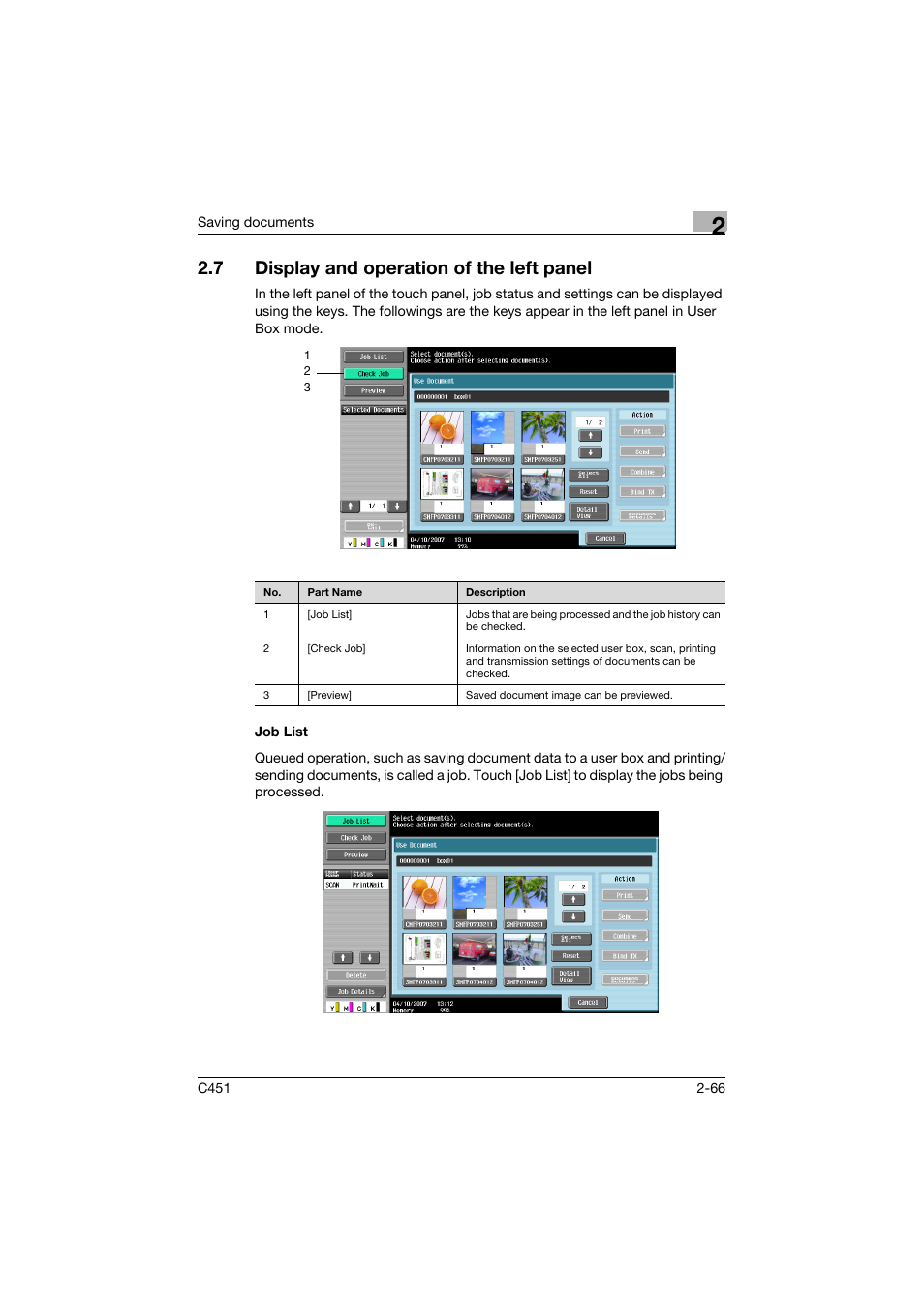 7 display and operation of the left panel, Job list, Display and operation of the left panel -66 | Job list -66 | Konica Minolta bizhub C451 User Manual | Page 101 / 354