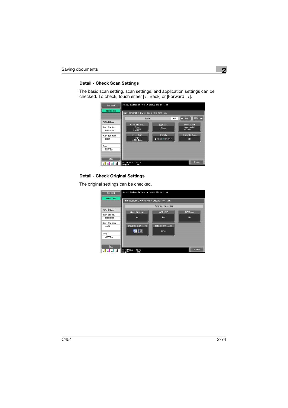 Detail - check scan settings, Detail - check original settings | Konica Minolta bizhub C451 User Manual | Page 109 / 354