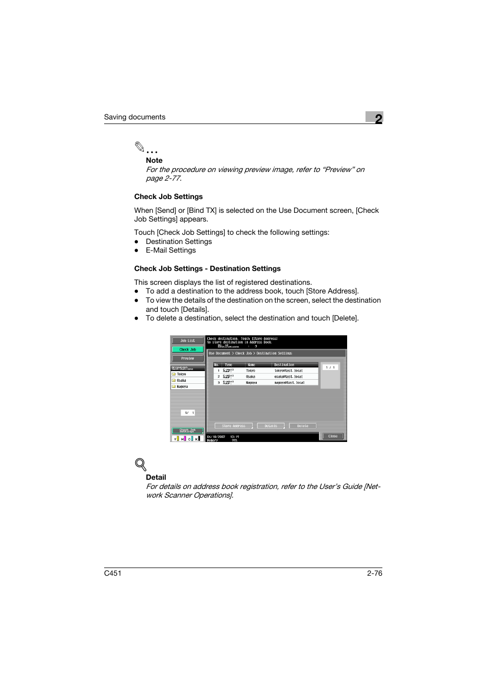 Check job settings, Check job settings - destination settings | Konica Minolta bizhub C451 User Manual | Page 111 / 354