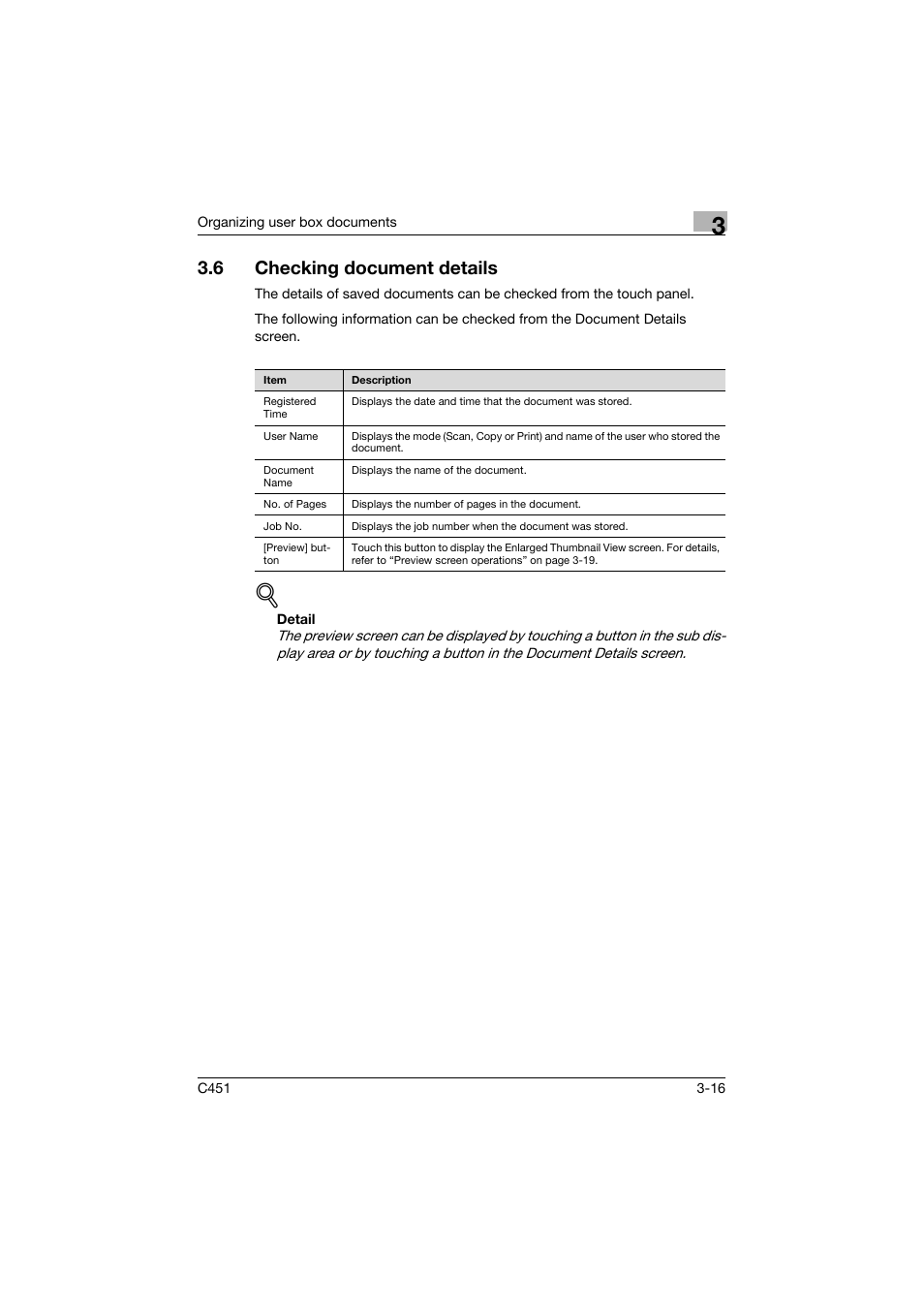 6 checking document details, Checking document details -16, P. 3-16 | Konica Minolta bizhub C451 User Manual | Page 131 / 354