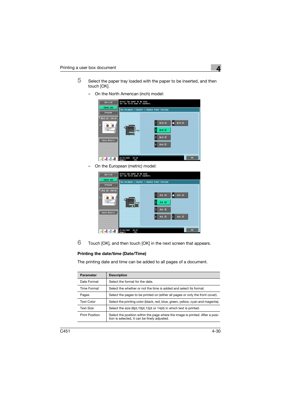 Printing the date/time (date/time), Printing the date/time (date/time) -30, P. 4-30 | Konica Minolta bizhub C451 User Manual | Page 165 / 354