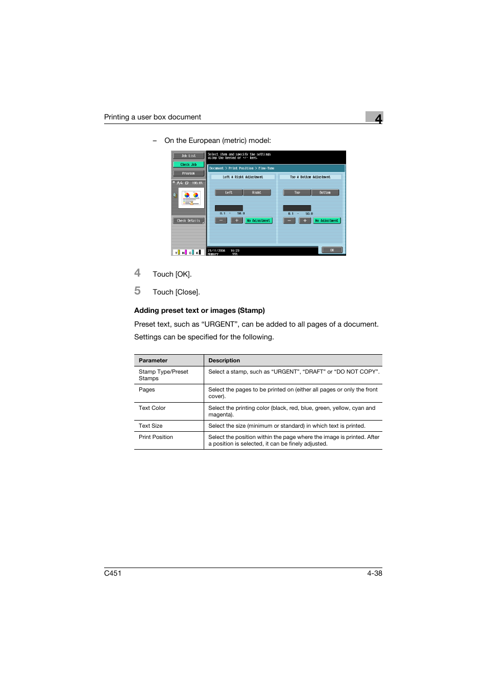 Adding preset text or images (stamp), Adding preset text or images (stamp) -38 | Konica Minolta bizhub C451 User Manual | Page 173 / 354