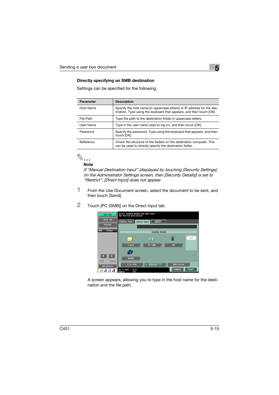 Directly specifying an smb destination, Directly specifying an smb destination -15 | Konica Minolta bizhub C451 User Manual | Page 217 / 354