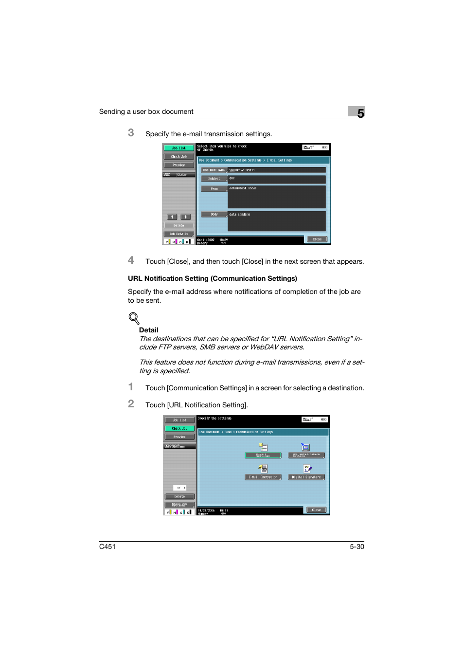 Url notification setting (communication settings), P. 5-30 | Konica Minolta bizhub C451 User Manual | Page 232 / 354