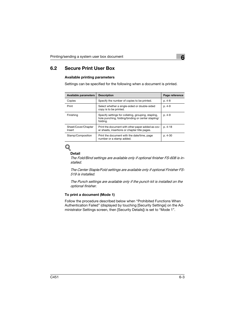 2 secure print user box, Available printing parameters, To print a document (mode 1) | Secure print user box -3, P. 6-3 | Konica Minolta bizhub C451 User Manual | Page 263 / 354