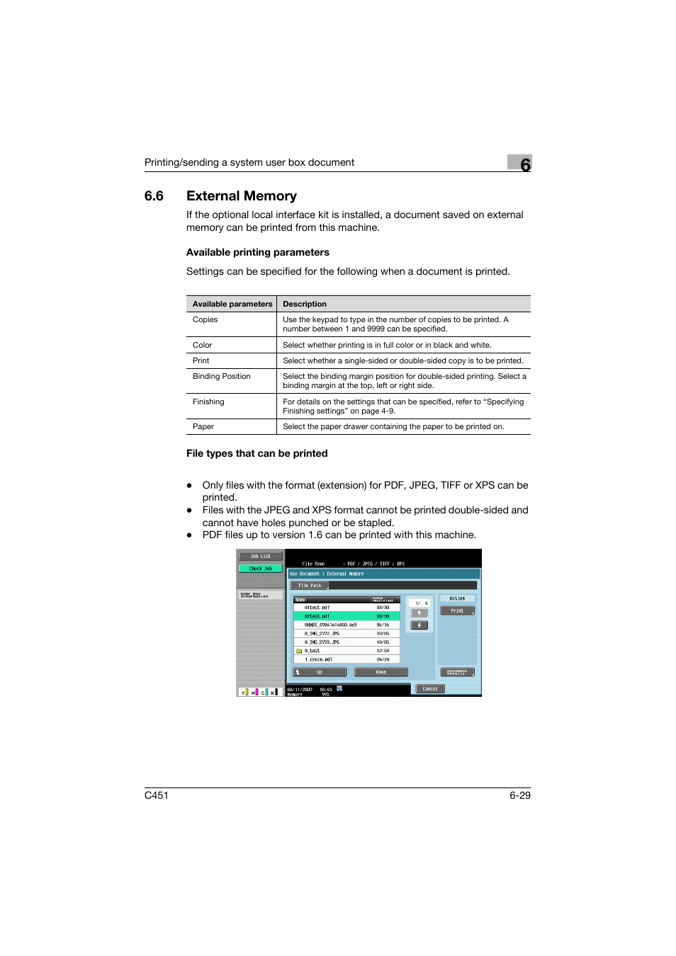 6 external memory, Available printing parameters, File types that can be printed | External memory -29 | Konica Minolta bizhub C451 User Manual | Page 289 / 354