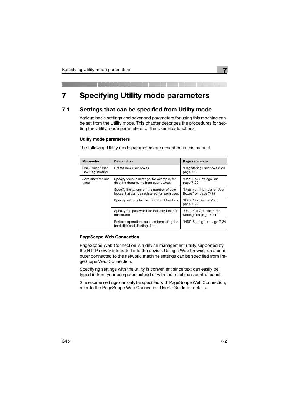 7 specifying utility mode parameters, 1 settings that can be specified from utility mode, Utility mode parameters | Specifying utility mode parameters, 7specifying utility mode parameters | Konica Minolta bizhub C451 User Manual | Page 294 / 354