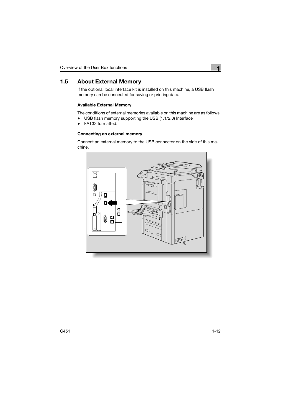 5 about external memory, Available external memory, Connecting an external memory | About external memory -12 | Konica Minolta bizhub C451 User Manual | Page 34 / 354