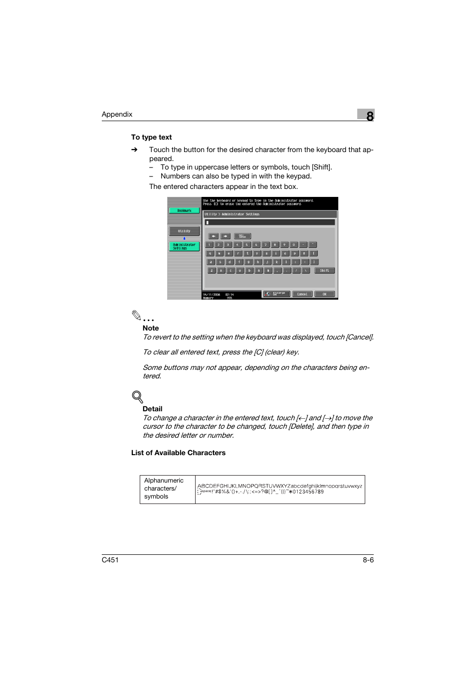 To type text, List of available characters, To type text -6 list of available characters -6 | Konica Minolta bizhub C451 User Manual | Page 345 / 354