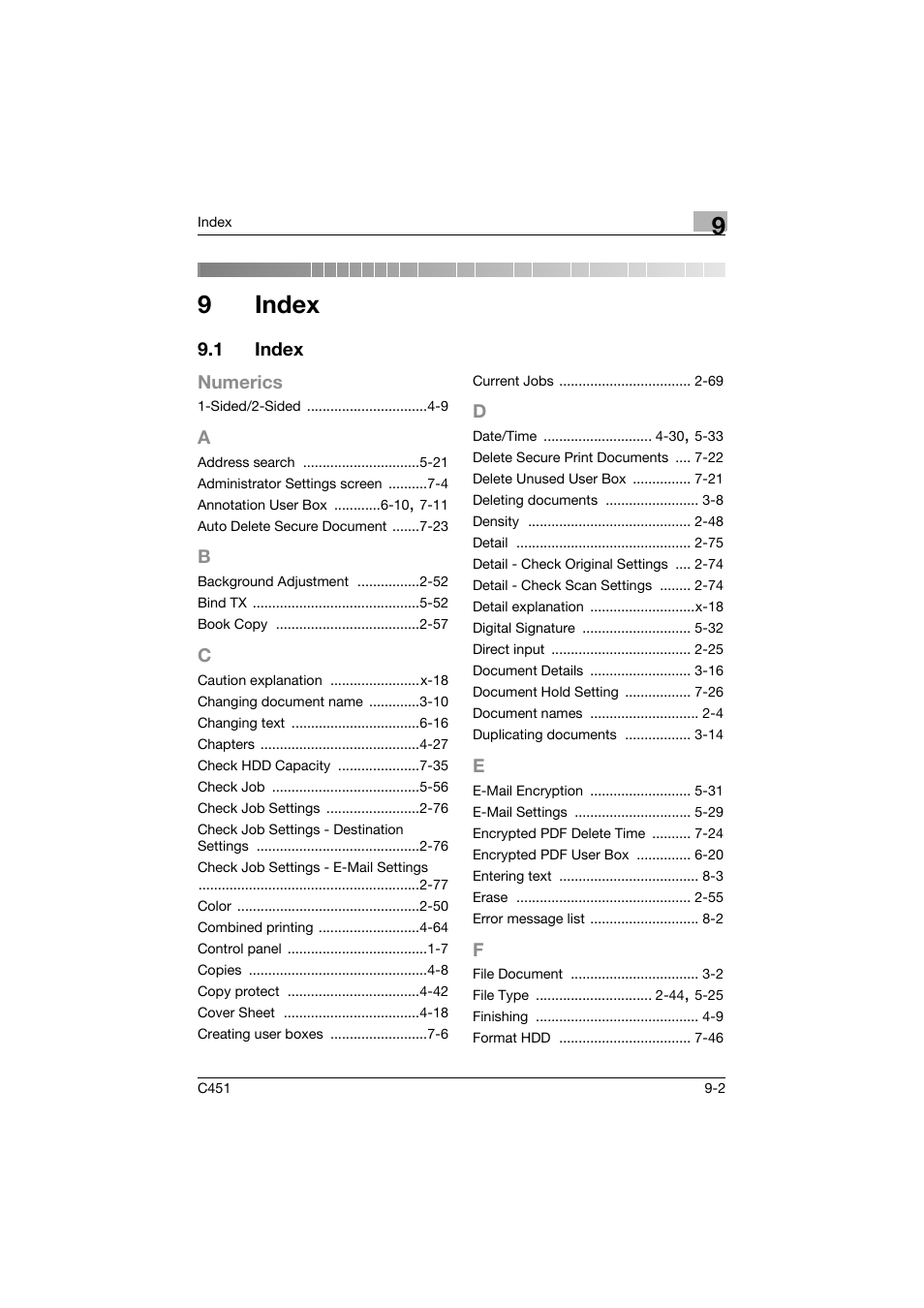 9 index, 1 index, A to f | Index, Index -2, R 9 index, 9index | Konica Minolta bizhub C451 User Manual | Page 351 / 354