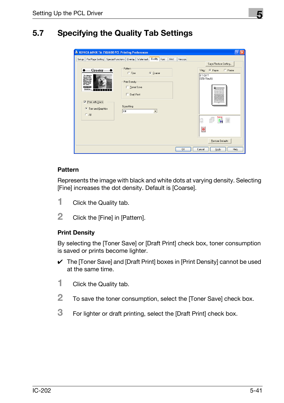 7 specifying the quality tab settings, Specifying the quality tab settings -41, Pattern -41 print density -41 | Konica Minolta bizhub 750 User Manual | Page 176 / 420