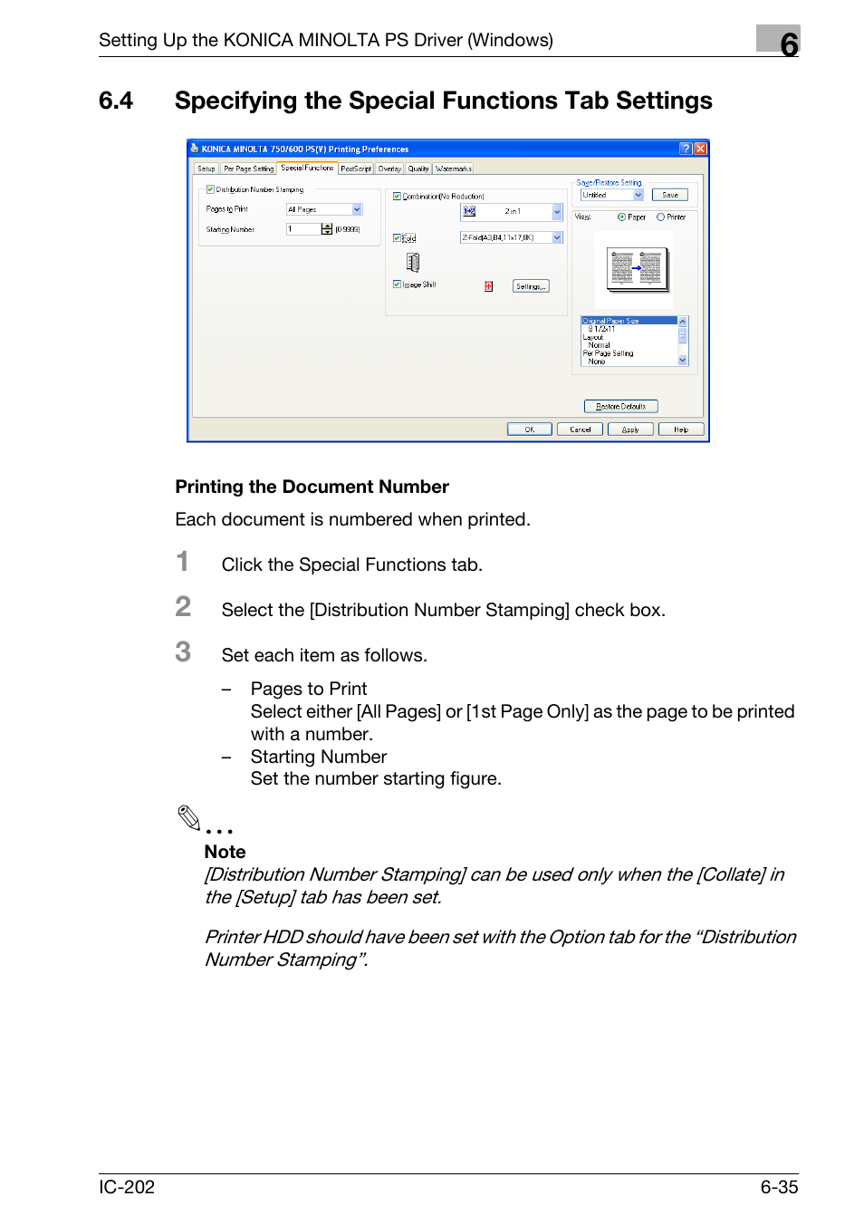 4 specifying the special functions tab settings, Specifying the special functions tab settings -35, Printing the document number -35 | Konica Minolta bizhub 750 User Manual | Page 231 / 420