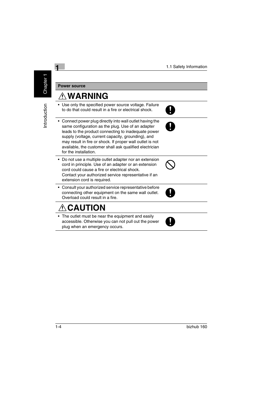 Warning caution | Konica Minolta bizhub 160 User Manual | Page 11 / 150