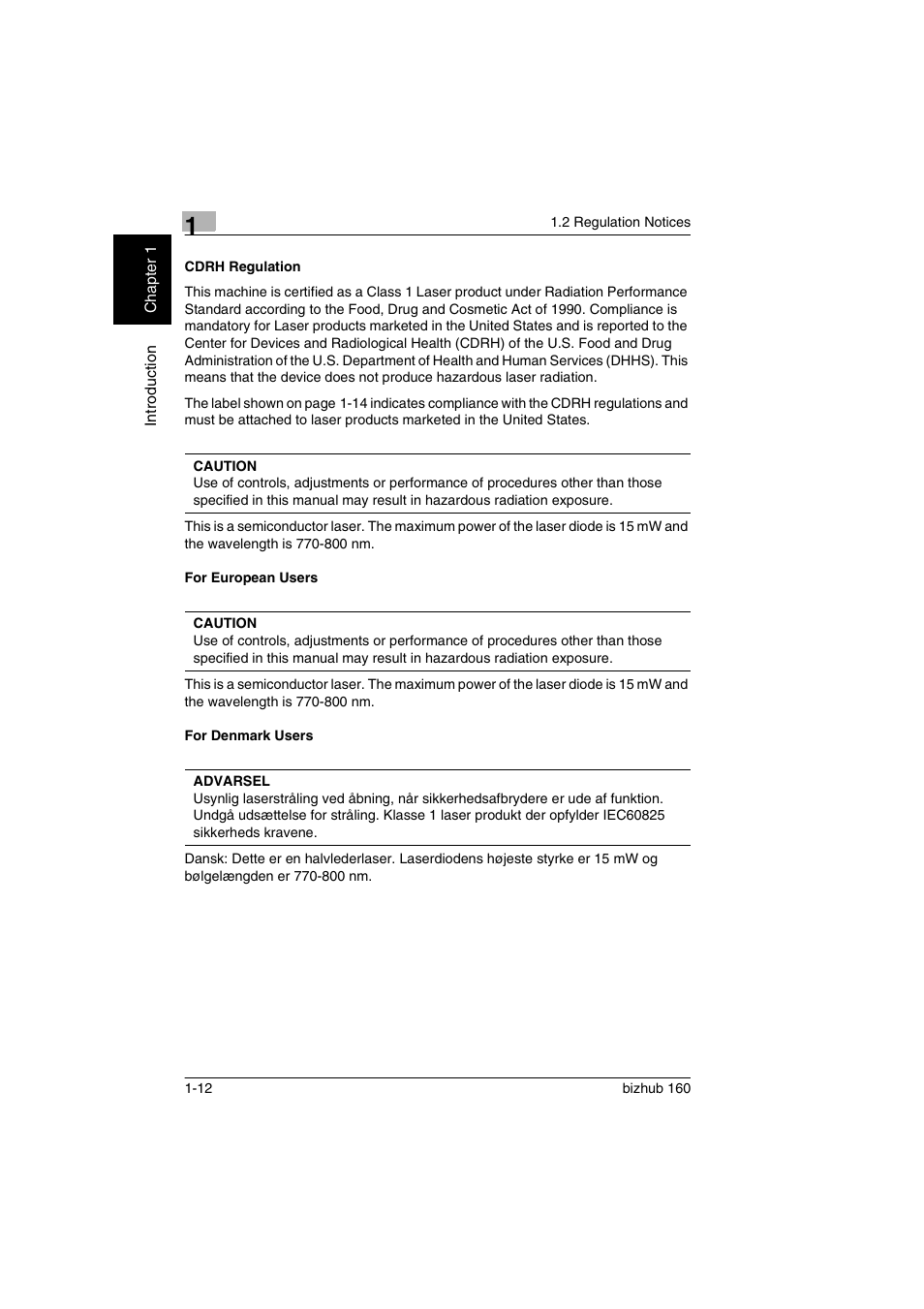 Cdrh regulation, For european users, For denmark users | Konica Minolta bizhub 160 User Manual | Page 19 / 150