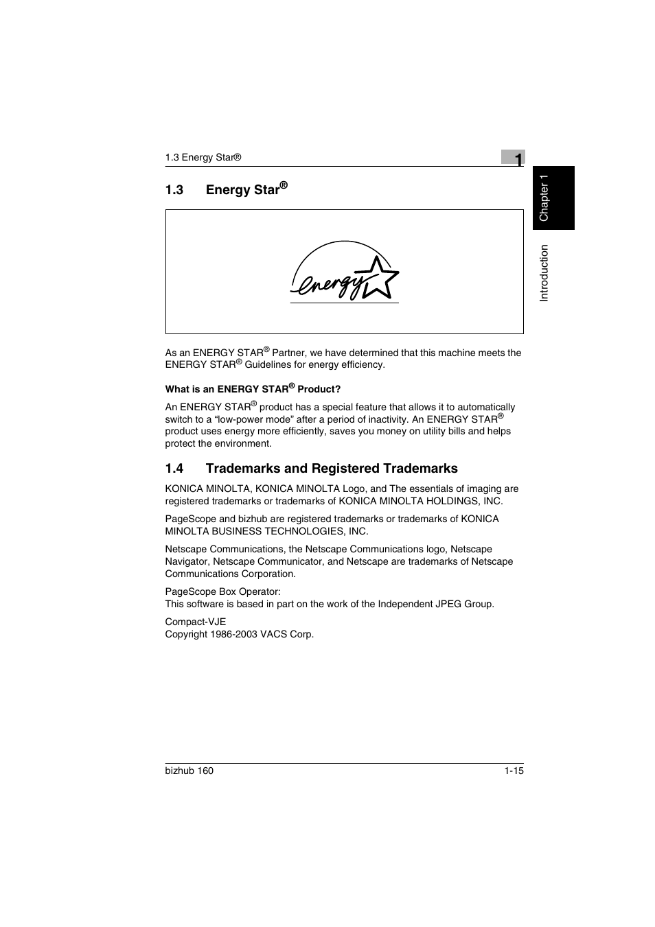 3 energy star, What is an energy star® product, 4 trademarks and registered trademarks | Energy star, What is an energy star, Product? -15, Trademarks and registered trademarks -15 | Konica Minolta bizhub 160 User Manual | Page 22 / 150
