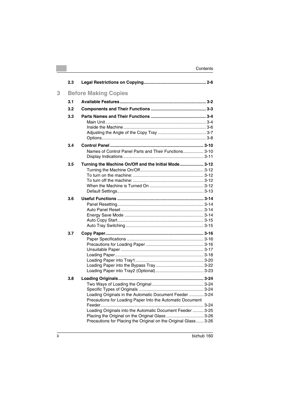 3before making copies | Konica Minolta bizhub 160 User Manual | Page 3 / 150