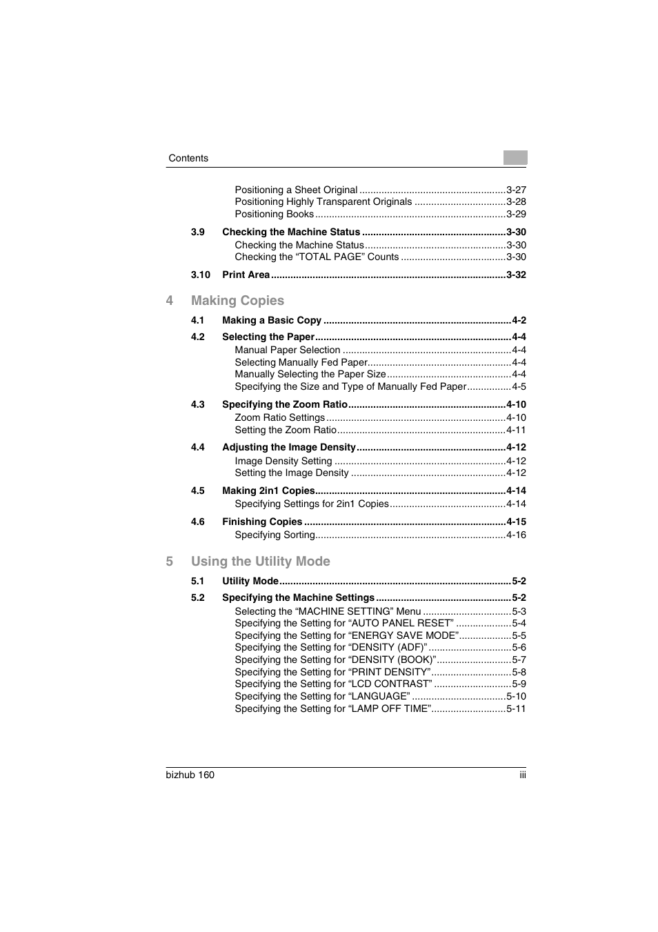 4making copies, 5using the utility mode | Konica Minolta bizhub 160 User Manual | Page 4 / 150