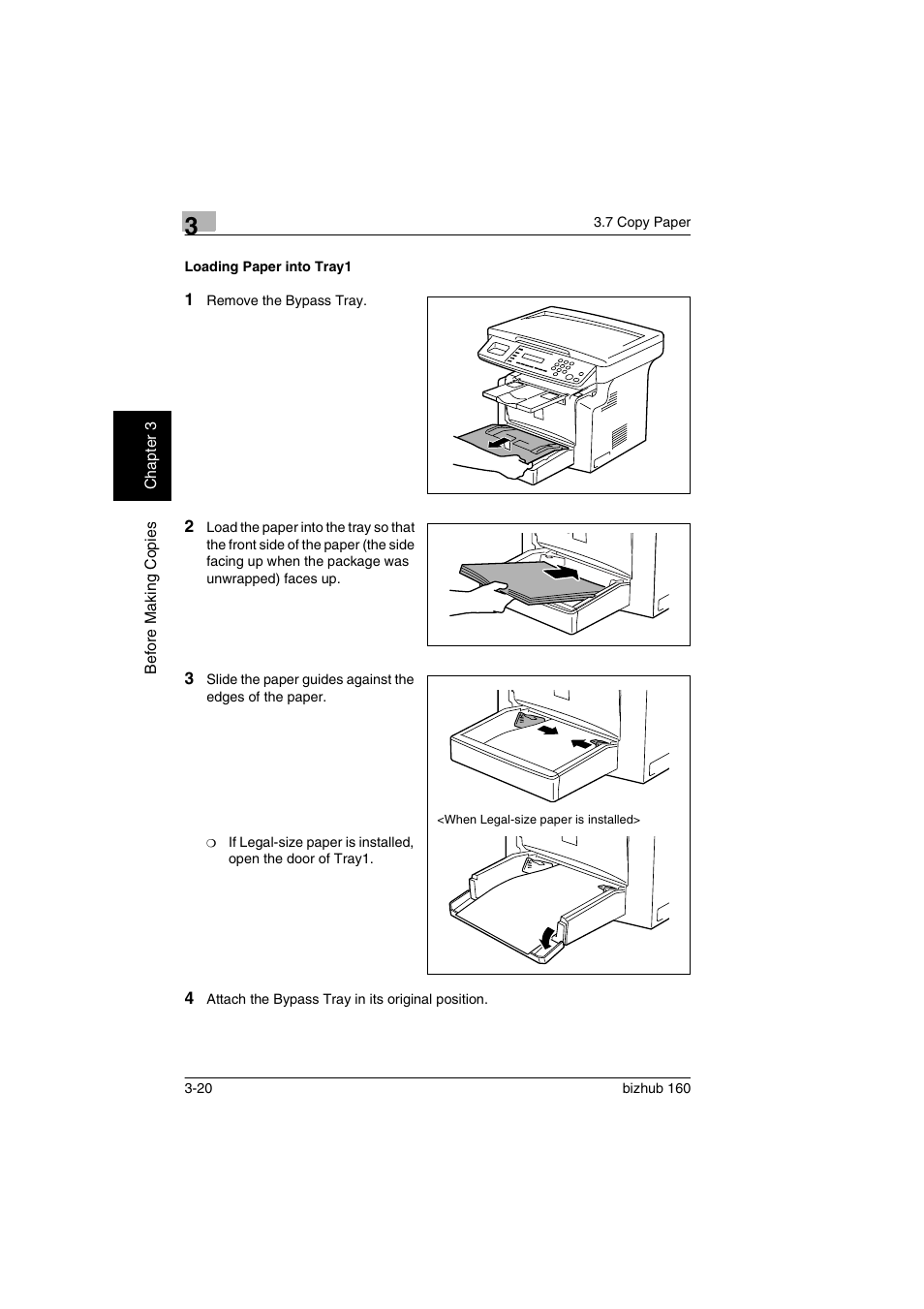 Loading paper into tray1, Loading paper into tray1 -20 | Konica Minolta bizhub 160 User Manual | Page 51 / 150