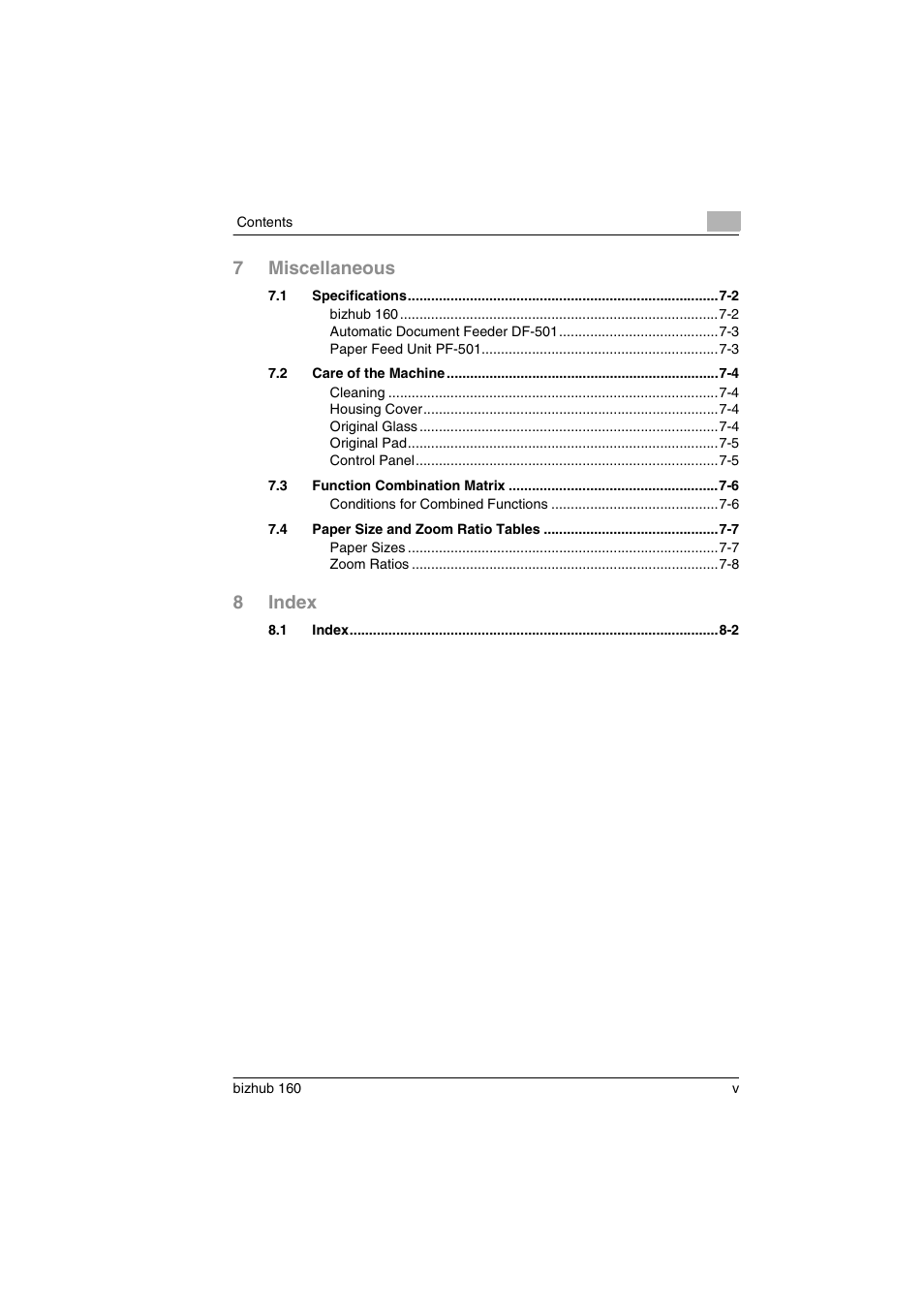 7miscellaneous, 8index | Konica Minolta bizhub 160 User Manual | Page 6 / 150