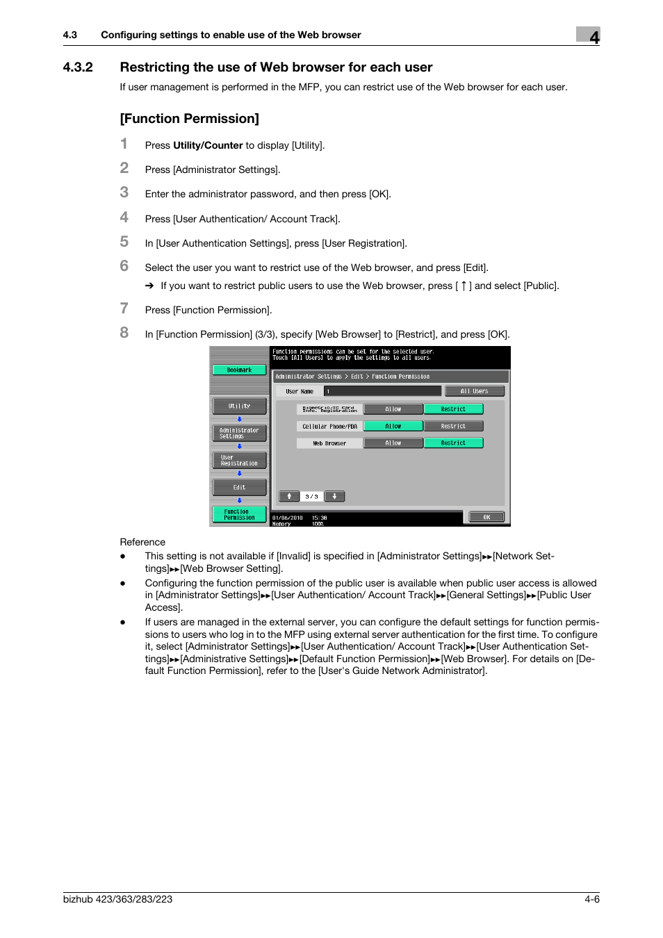 2 restricting the use of web browser for each user, Function permission | Konica Minolta BIZHUB 223 User Manual | Page 25 / 112