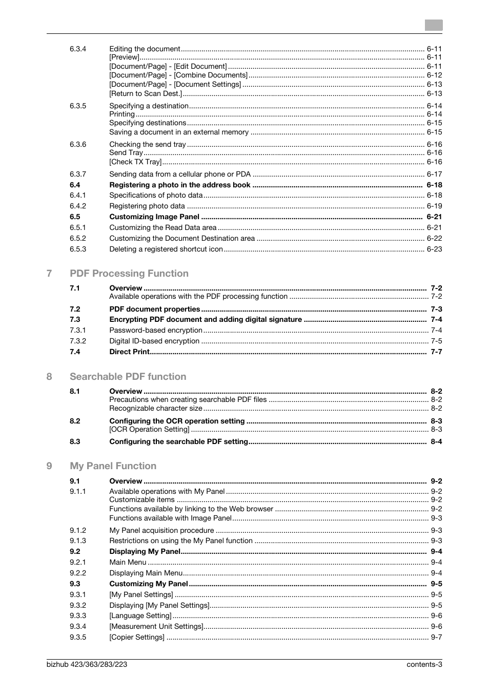 7pdf processing function, 8searchable pdf function, 9my panel function | Konica Minolta BIZHUB 223 User Manual | Page 4 / 112