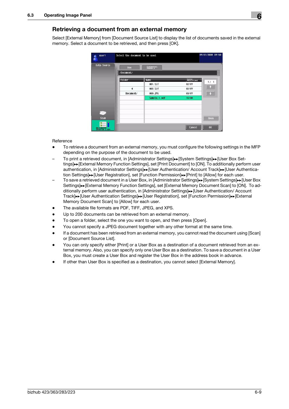 Retrieving a document from an external memory, Retrieving a document from an external memory -9 | Konica Minolta BIZHUB 223 User Manual | Page 61 / 112