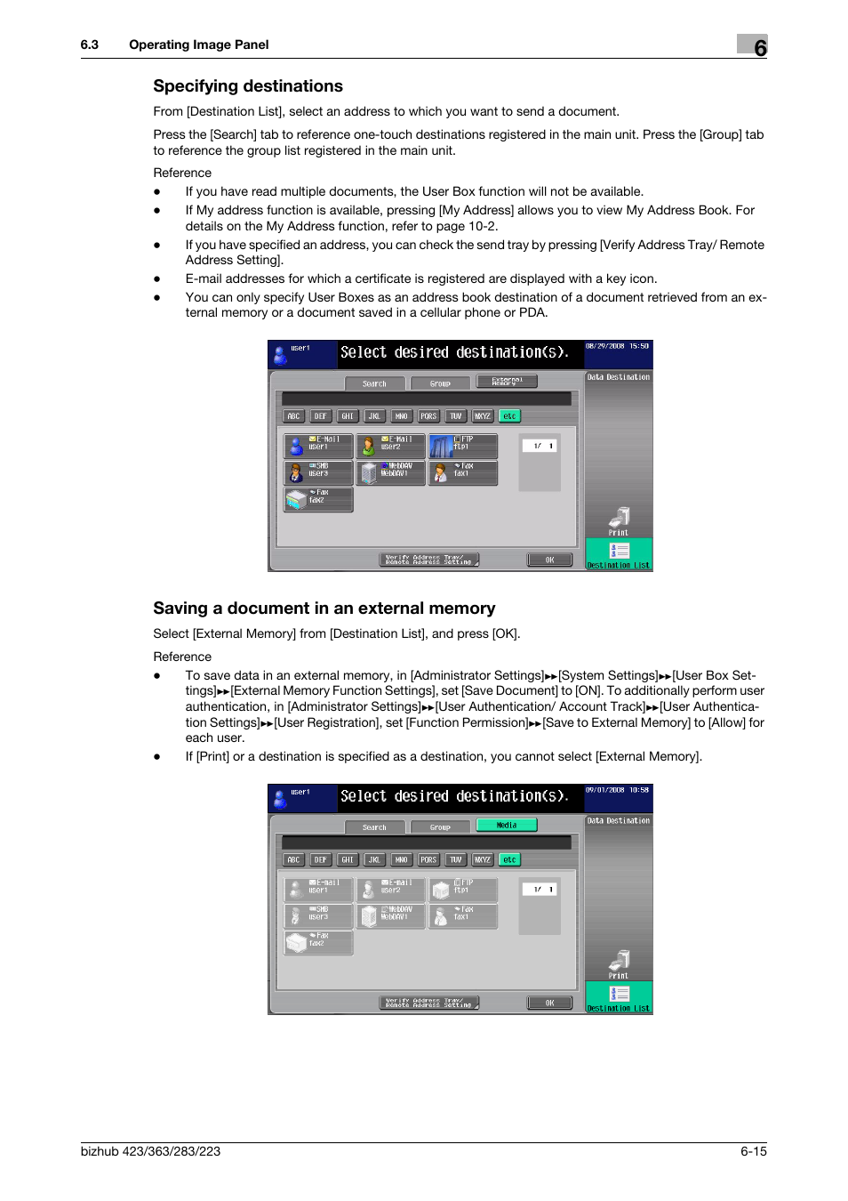 Specifying destinations, Saving a document in an external memory | Konica Minolta BIZHUB 223 User Manual | Page 67 / 112