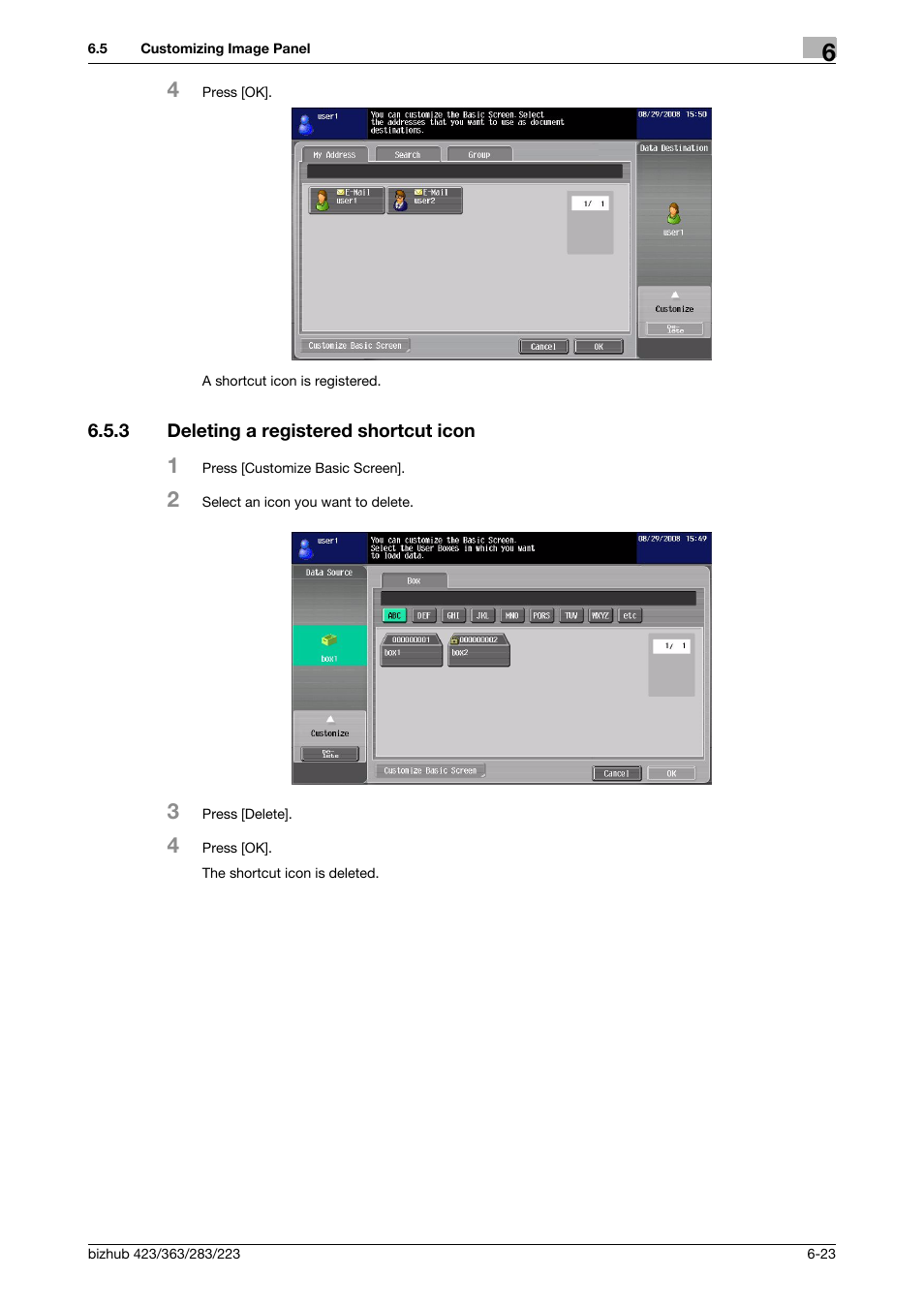 3 deleting a registered shortcut icon, Deleting a registered shortcut icon -23 | Konica Minolta BIZHUB 223 User Manual | Page 75 / 112