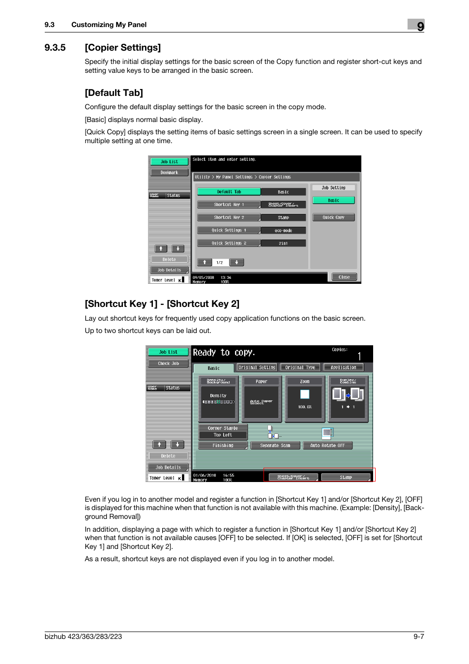 5 [copier settings, Default tab, Shortcut key 1] - [shortcut key 2 | Copier settings] -7 | Konica Minolta BIZHUB 223 User Manual | Page 93 / 112