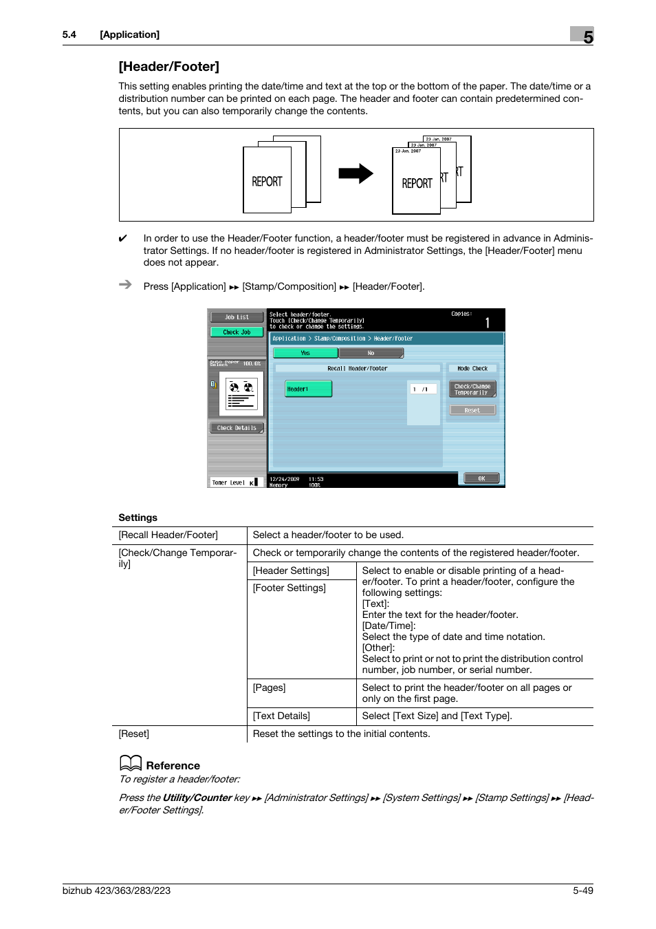 Header/footer, Header/footer] -49 | Konica Minolta BIZHUB 223 User Manual | Page 105 / 266