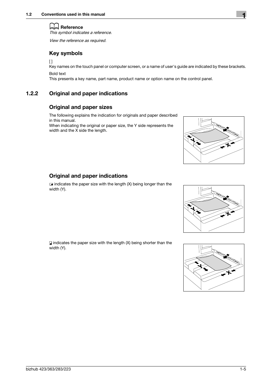 Key symbols, 2 original and paper indications, Original and paper sizes | Original and paper indications, Key symbols -5 | Konica Minolta BIZHUB 223 User Manual | Page 11 / 266