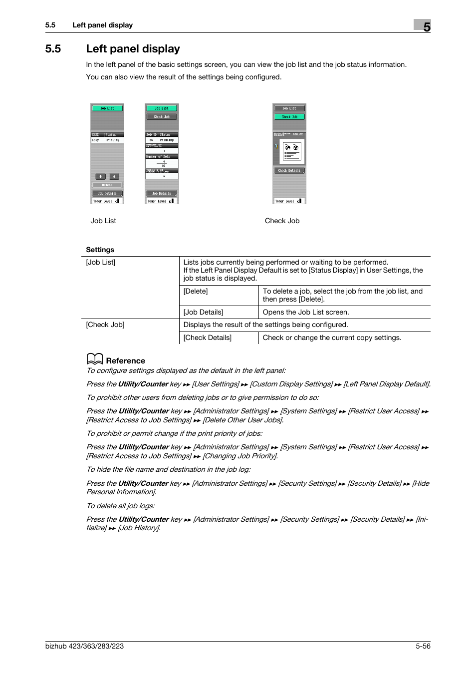 5 left panel display, Left panel display -56 | Konica Minolta BIZHUB 223 User Manual | Page 112 / 266