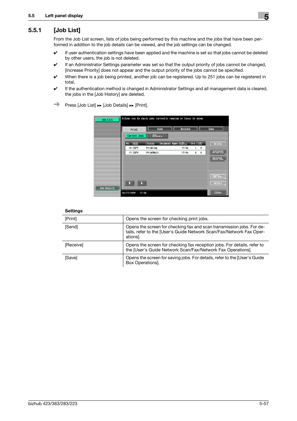 1 [job list, Job list] -57, P. 5-57 | Konica Minolta BIZHUB 223 User Manual | Page 113 / 266
