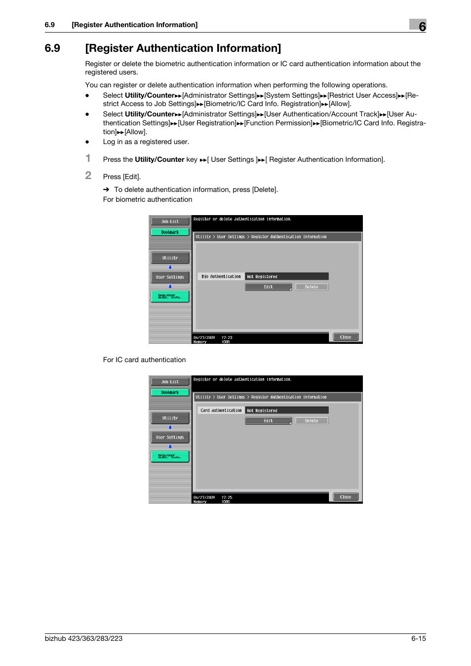 9 [register authentication information, Register authentication information] -15 | Konica Minolta BIZHUB 223 User Manual | Page 130 / 266