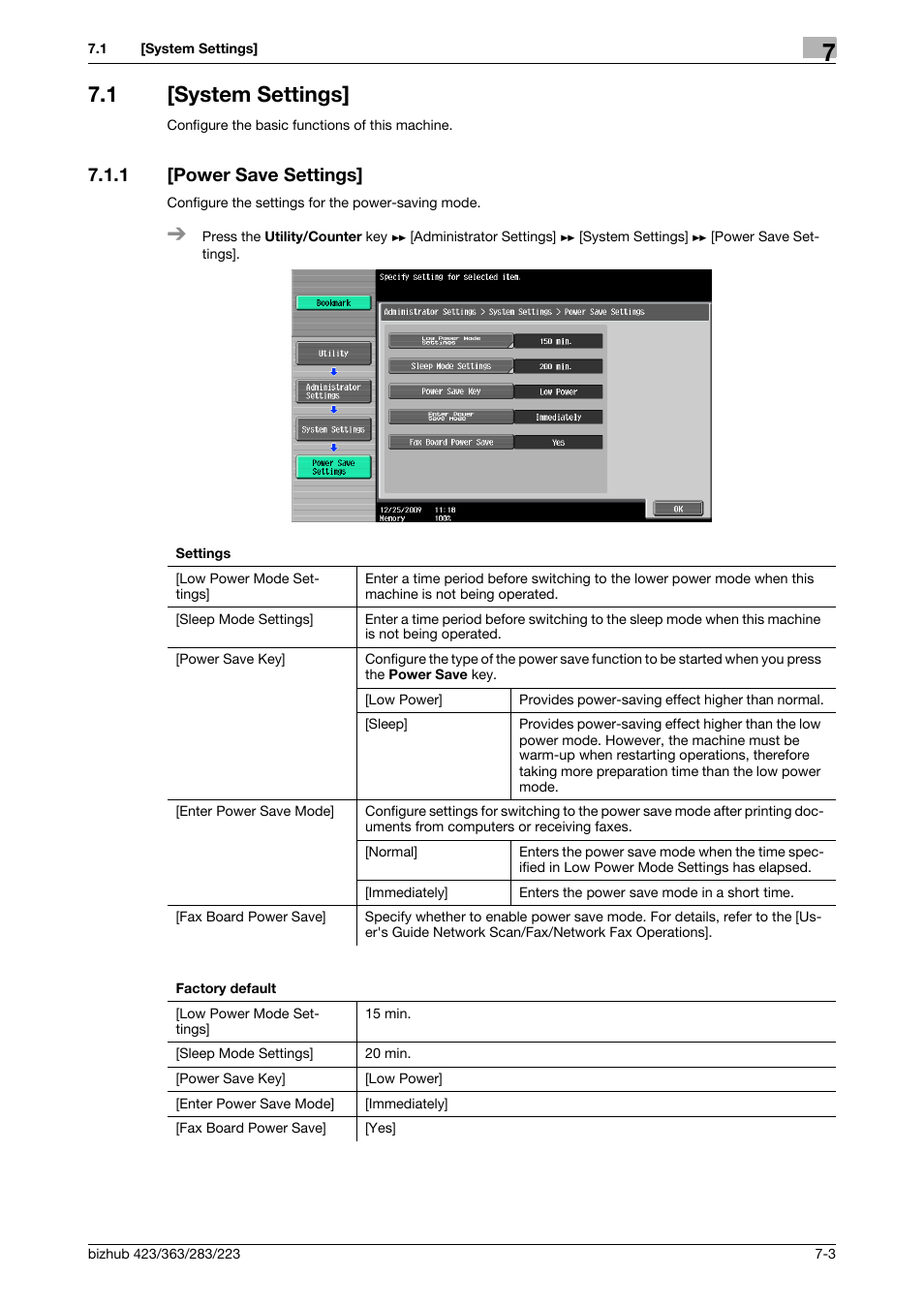 1 [system settings, 1 [power save settings, System settings] -3 | Power save settings] -3 | Konica Minolta BIZHUB 223 User Manual | Page 135 / 266