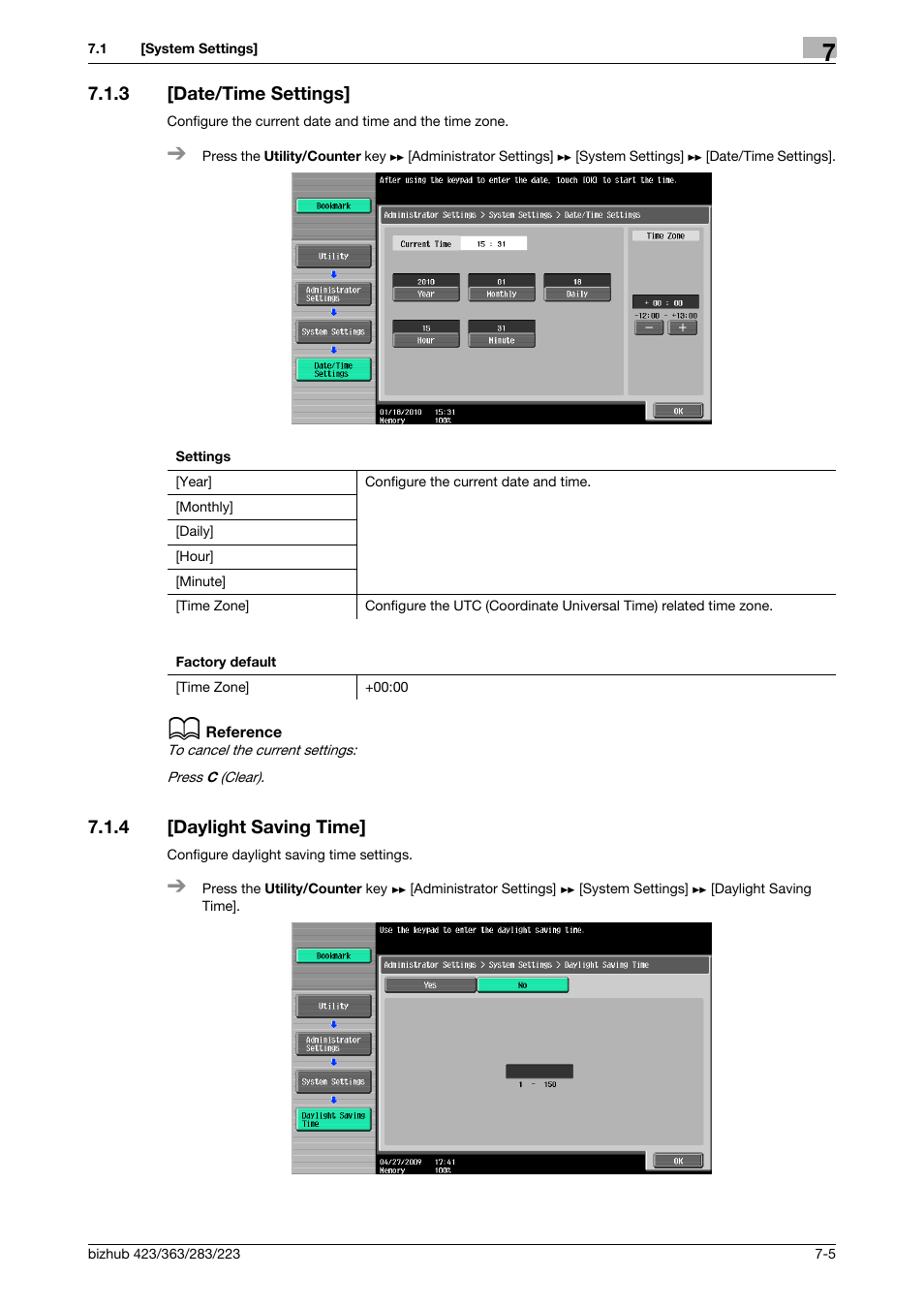 3 [date/time settings, 4 [daylight saving time, Date/time settings] -5 | Daylight saving time] -5 | Konica Minolta BIZHUB 223 User Manual | Page 137 / 266