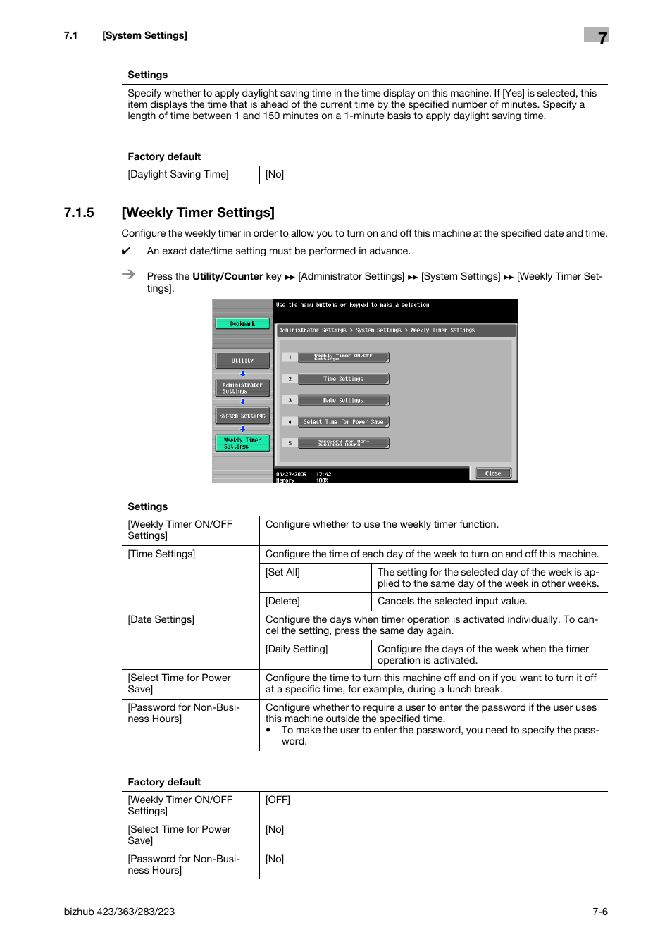 5 [weekly timer settings, Weekly timer settings] -6 | Konica Minolta BIZHUB 223 User Manual | Page 138 / 266
