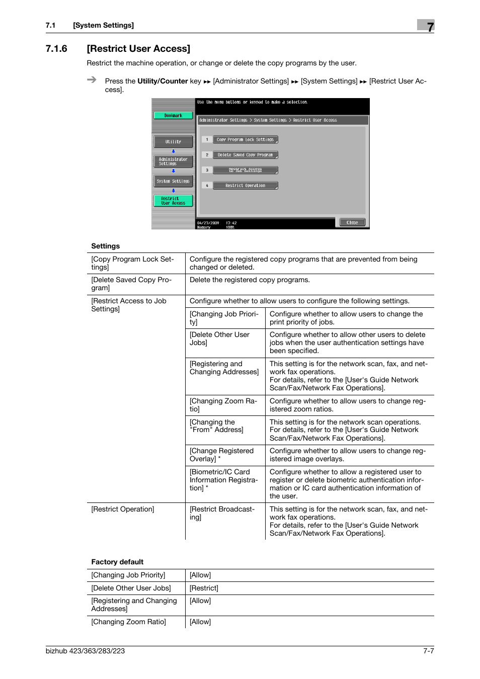 6 [restrict user access, Restrict user access] -7 | Konica Minolta BIZHUB 223 User Manual | Page 139 / 266