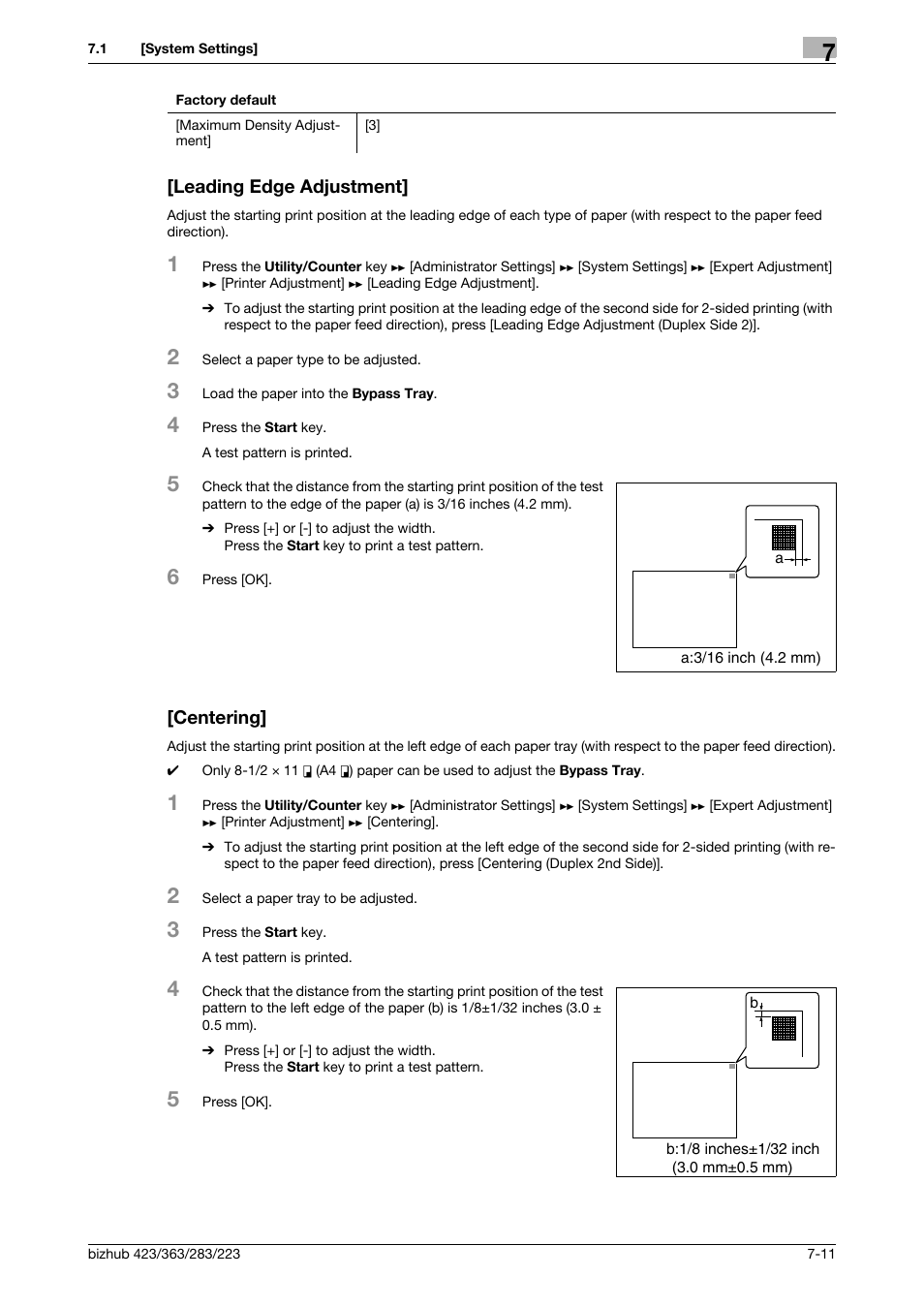 Leading edge adjustment, Centering, Leading edge adjustment] -11 [centering] -11 | P. 7-11 | Konica Minolta BIZHUB 223 User Manual | Page 143 / 266