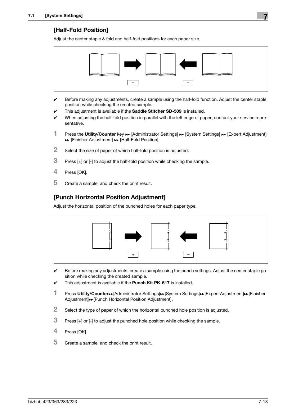Half-fold position, Punch horizontal position adjustment, P. 7-13 | Konica Minolta BIZHUB 223 User Manual | Page 145 / 266